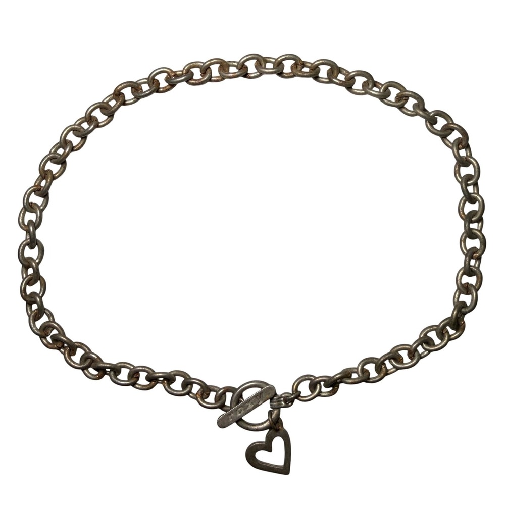 Roxy Silver Tone Heart Charm Toggle Clasp Cable Chain Necklace Vintage Style